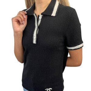 CHANEL Vintage 04A CC Logo Knit Polo Shirt Top Sweater #38 Cashmere [106094]